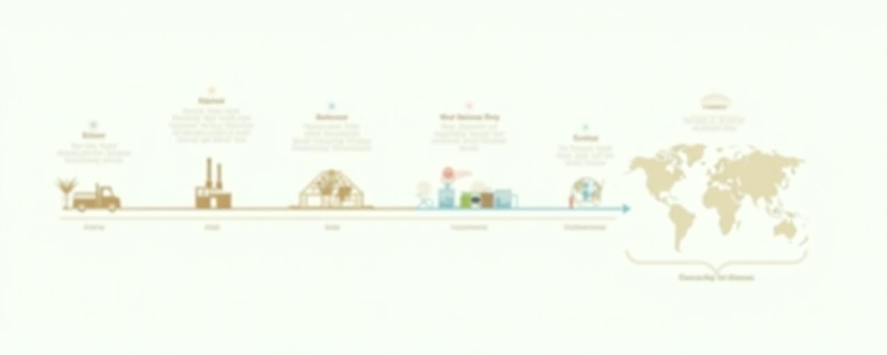 生産から海外の顧客に届くまでのサプライチェーンの流れを示すインフォグラフィック