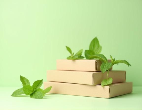 リサイクル可能な包装材と緑の葉